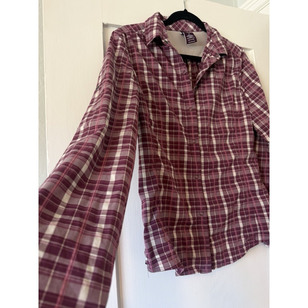REI Womens Plaid Snap Front Hiking Shirt Small Plum Pink Roll Tab Gorpcore - Picture 4 of 5
